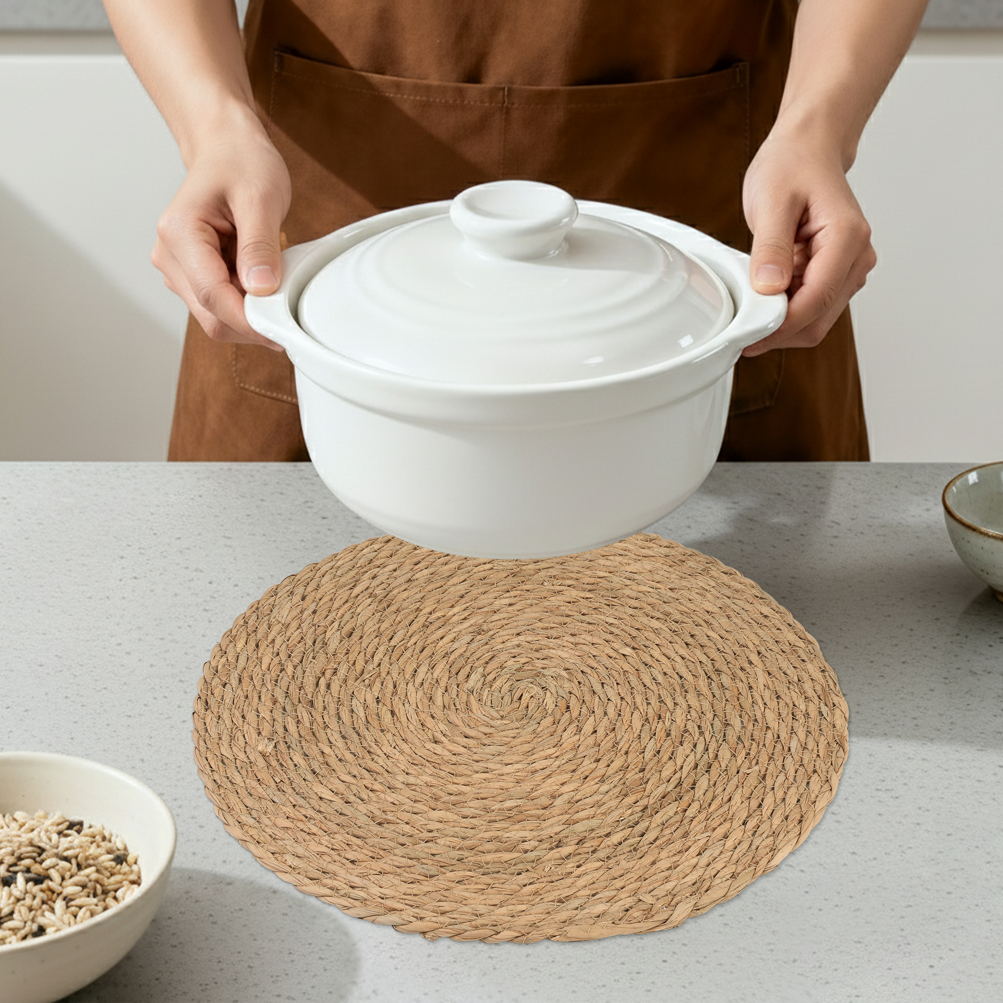 Unique Bargains Set of 6 Farmhouse Straw Woven Placemats Brown 15inch