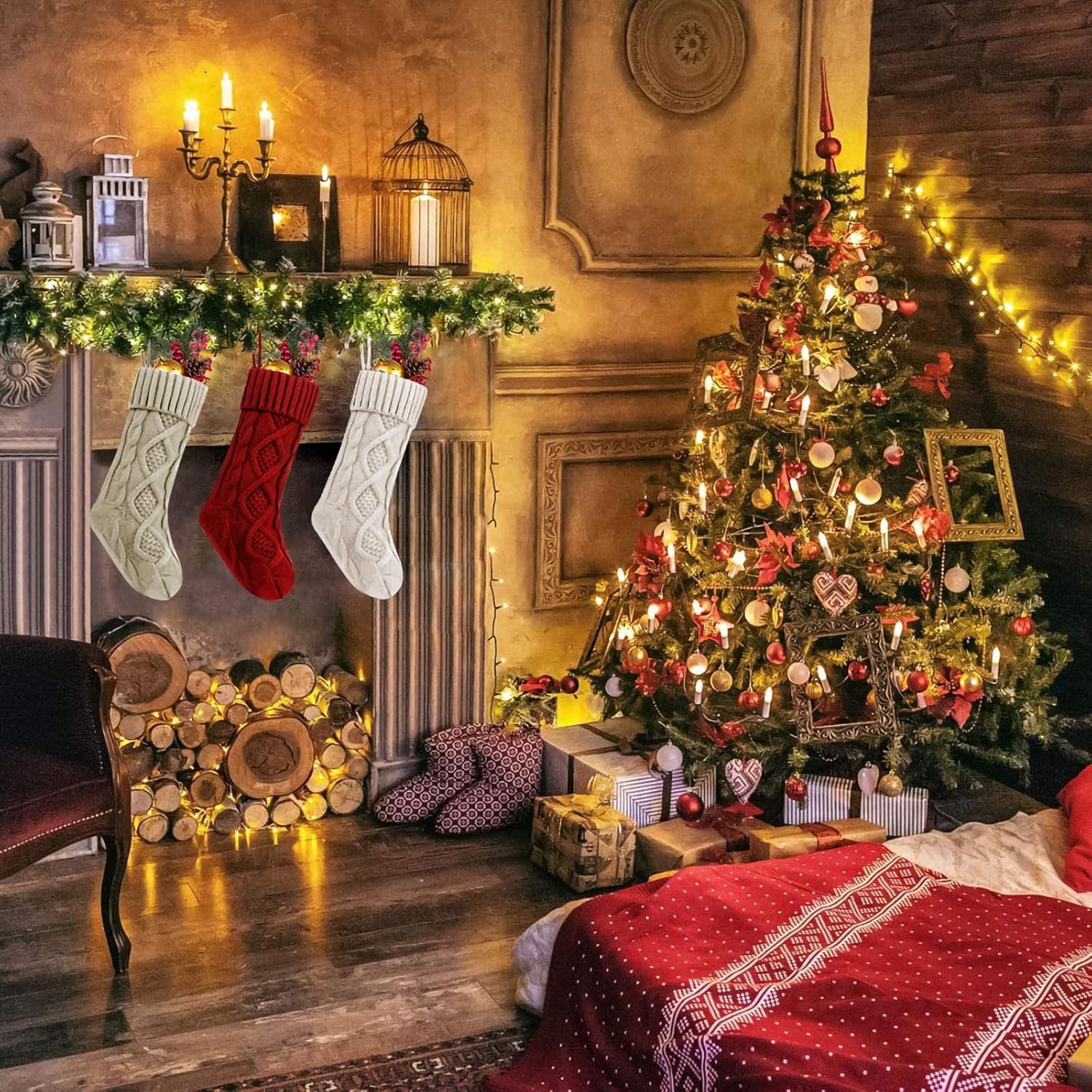 Christmas Stocking Sets 18 Inches Large Size Cable Knitted Stocking Gifts & Decorations for Family Holiday Xmas Party