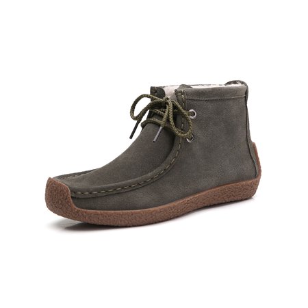 

GENILU Ladies Comfort Non-slip Boat Shoes Mid Top Winter Warm Shoe Driving Plush Lined Leather Booties Green 4.5