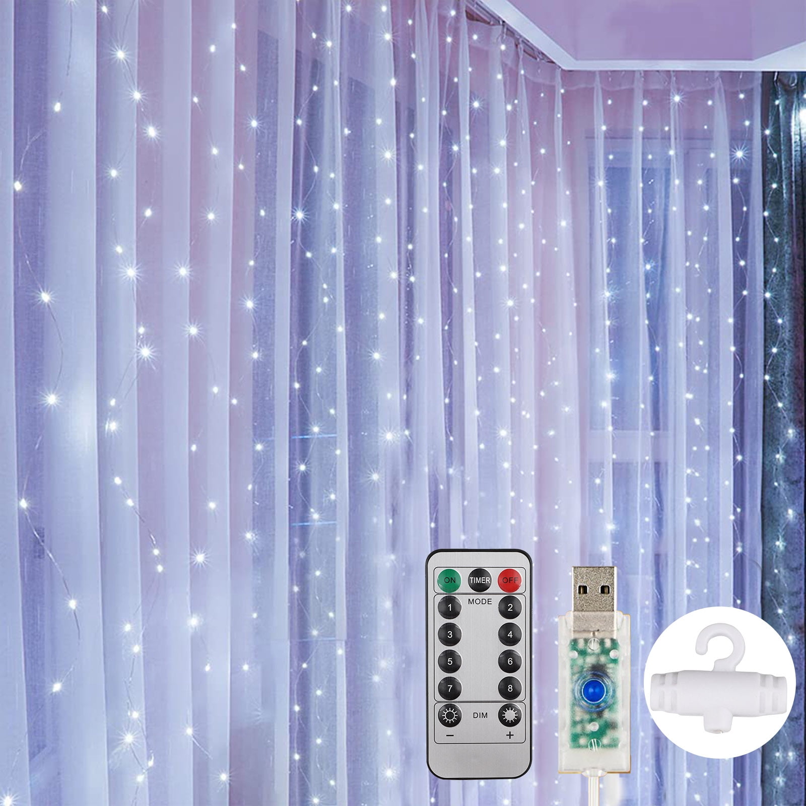LED Window Curtain Lights 8 Modes LED Fariy String Light 300LED 9.8FT*9.8FT 