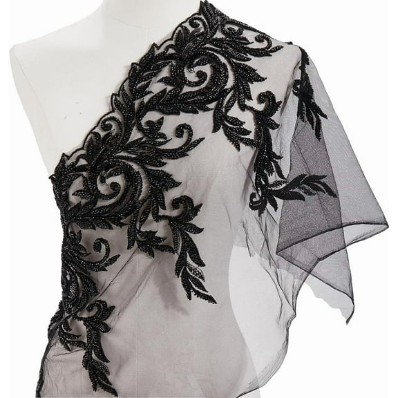 1pc 1 Yard Black Floral Embroidery Applique Lace Fabric Shiny Sequin Bead Paillette Patches Sew On Tulle Cloth Vintage Flower Trim for Sewing Making Wedding Dress Bridal Decoration DIY Craft Black