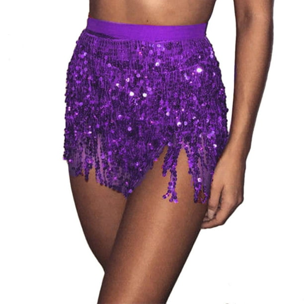 Fesfesfes Skirts for Women Sequin Belly Dancer Costume Tassel Wrap Skirt Club Mini Skirt