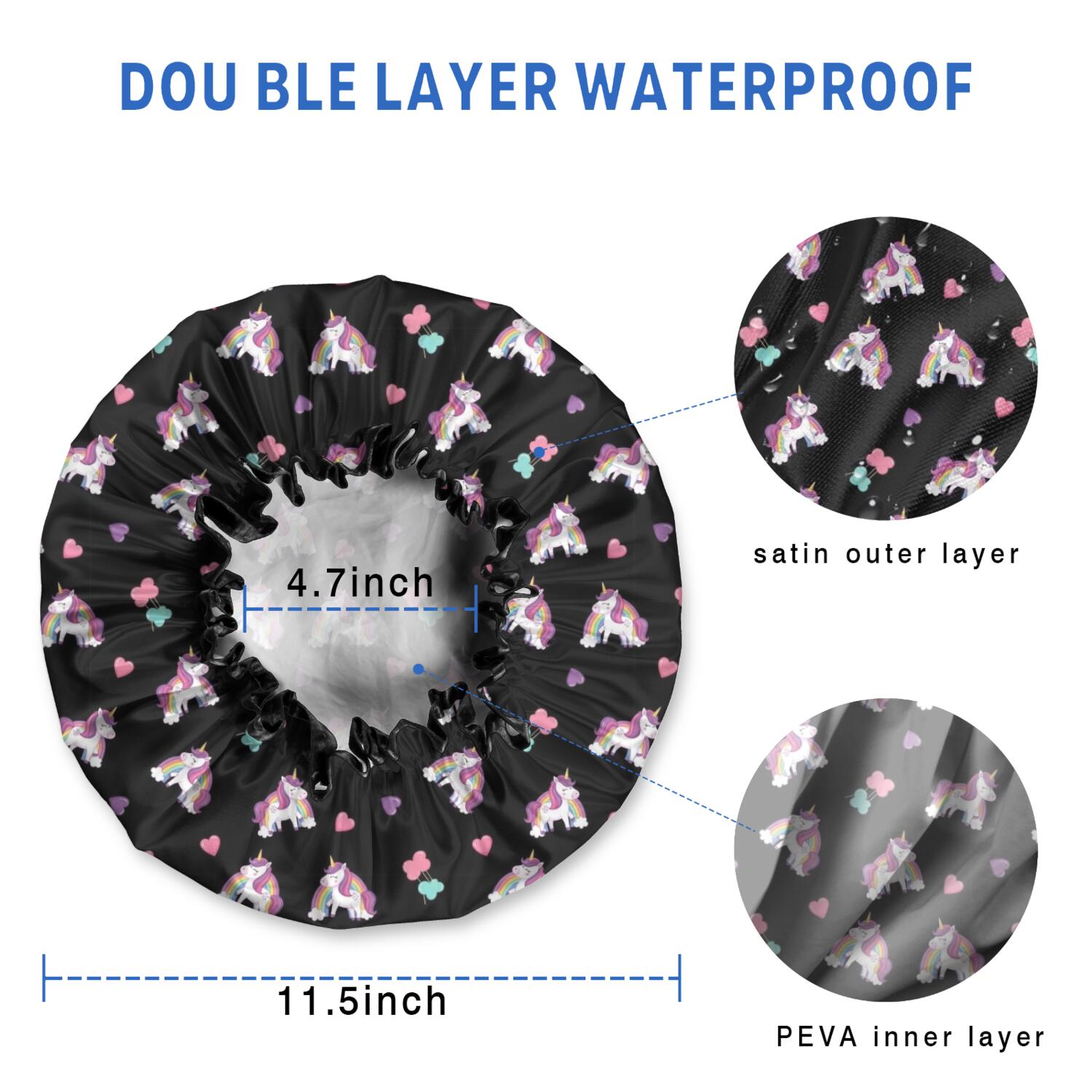 Shower Caps,Black Cartoon Unicorn Heart Pattern Waterproof Shower Cap for Women 4 Pieces,Double Reusable Hair Cover for Shower PEVA Elastic Stretch Hem