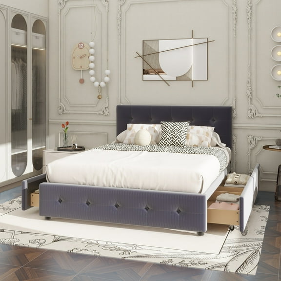 Upholstered Platform Bed with Classic Headboard and 4 Drawers, No Box Spring Needed, Linen Fabric, Queen Size Dark gray