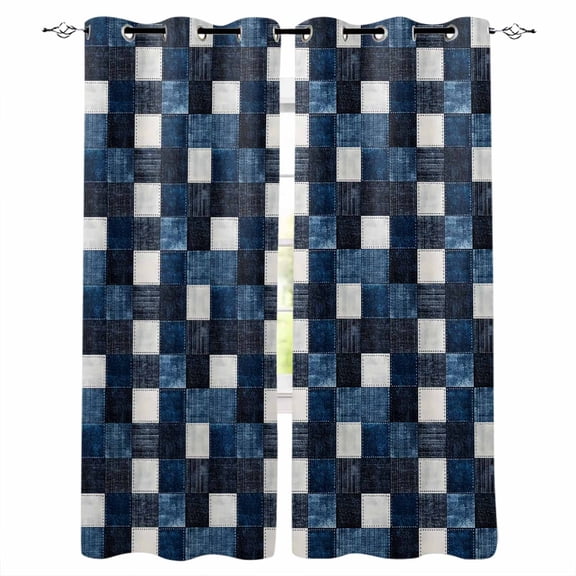Fsddascl Blue White Plaid Blackout Curtains for Bedroom/Living Room, Thermal Insulated Kitchen Curtains, Modern Geometric Checkered Grommet Darkening Window Treatment Drapes 27.5"x39"x2