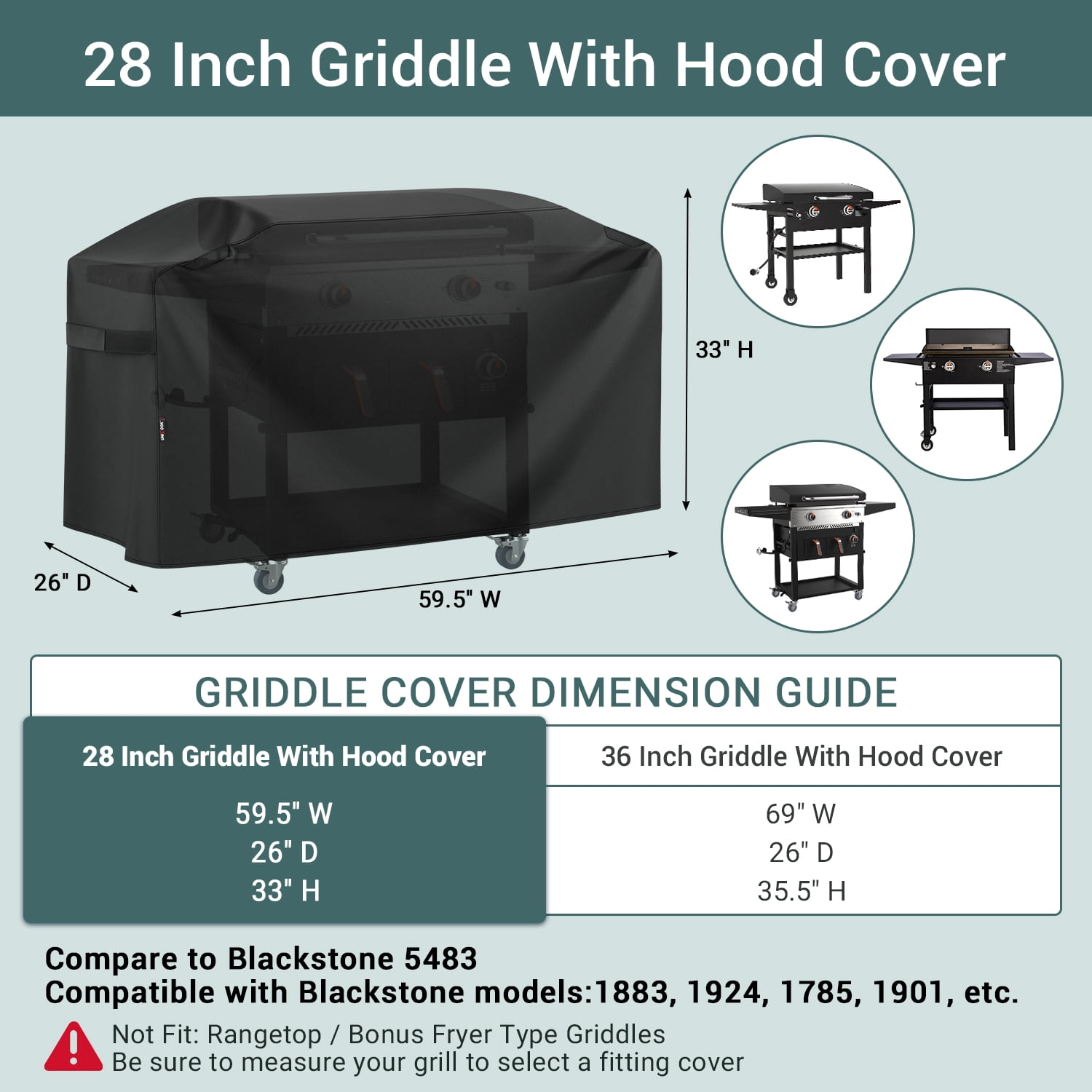 Unicook Griddle Cover for Blackstone 28 Inch Griddle with Hood, Heavy Duty Waterproof 5483 Flat Top Grill Cover with Handles and Side-closure Straps, Black