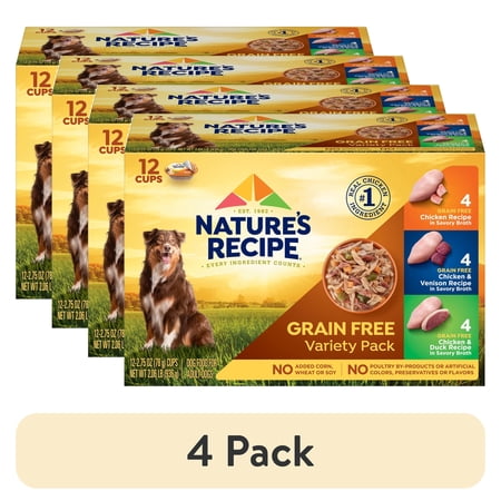 (4 pack) Nature's Recipe Savory Broth Grain Free Wet Dog Food Variety Pack, 2.75 oz Cups (12 Pack)