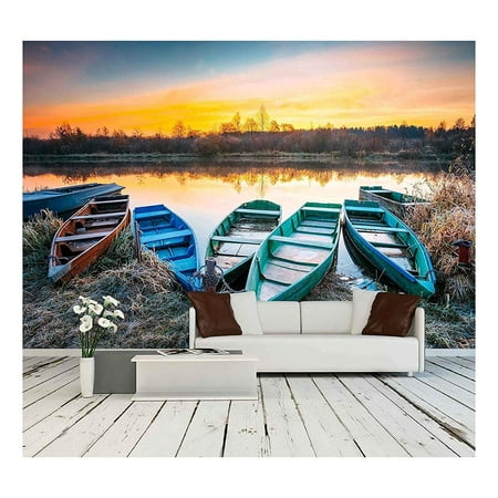 wall26 - Lake, River and Rowing Fishing Boat at Beautiful Sunrise in Autumn Morning. - Removable Wall Mural | Self-Adhesive Large Wallpaper - 100x144
