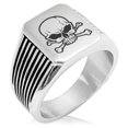 thumbnail image 1 of Stainless Steel Pirate Skull & Crossbones Needle Stripe Pattern Biker Style Polished Ring, 1 of 1