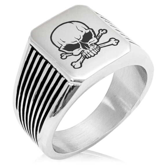 Stainless Steel Pirate Skull & Crossbones Needle Stripe Pattern Biker Style Polished Ring