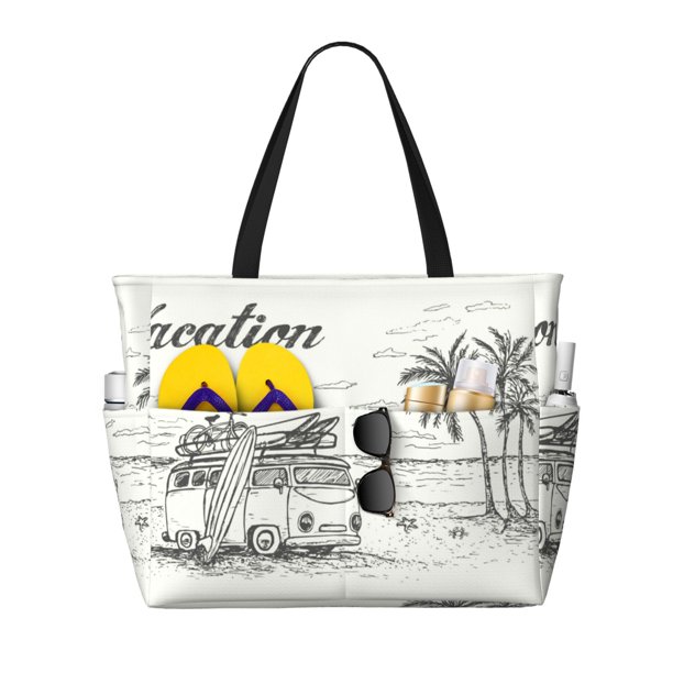 Easygdp Summer Vacation Scene With Camping Van Bolsa de Viaje de Playa de Gran Capacidad, Bolsa Tote Perfecta para la Playa, Escapadas de Fin de Semana y Viajes