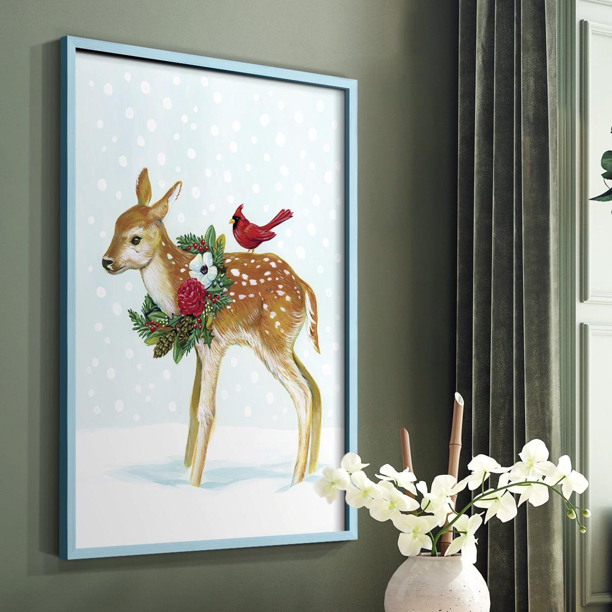 Winter Woodland Creatures with Cardinals II Framed Print - Solid Wood in Single Picture Frame Solid Wood 2 Framed Print
