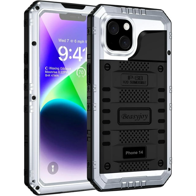 REJODA-for iPhone 14 Case Waterproof, Metal Heavy Duty with Built-in Screen Protector, Military Grade Shockproof Full Body Protective Defender Rugged Case 6.1 Inch, Silver