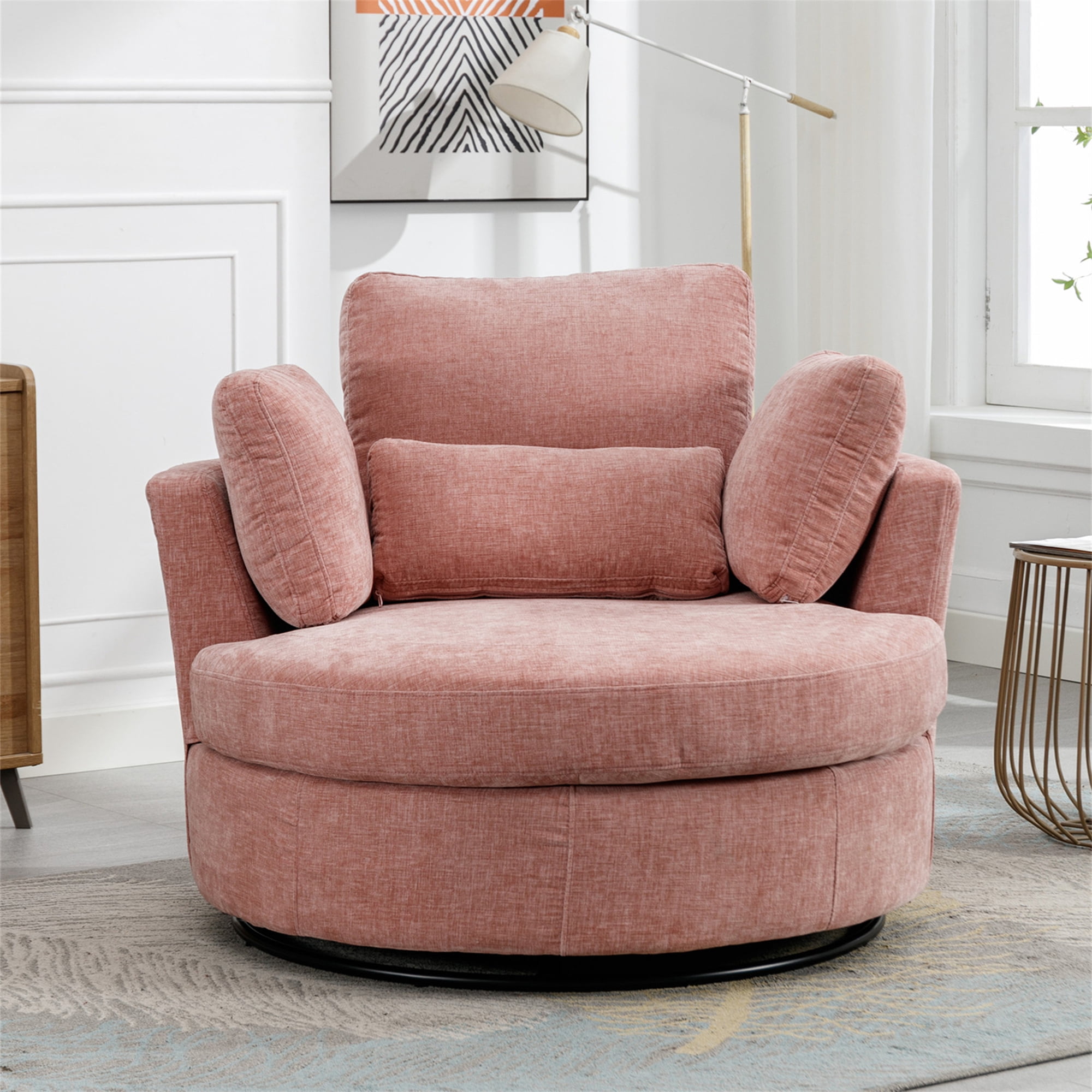Aukfa 42" Oversized Swivel Accent Chair Barrel Read Chair for Bedroom Living Room, Chenille, Pink