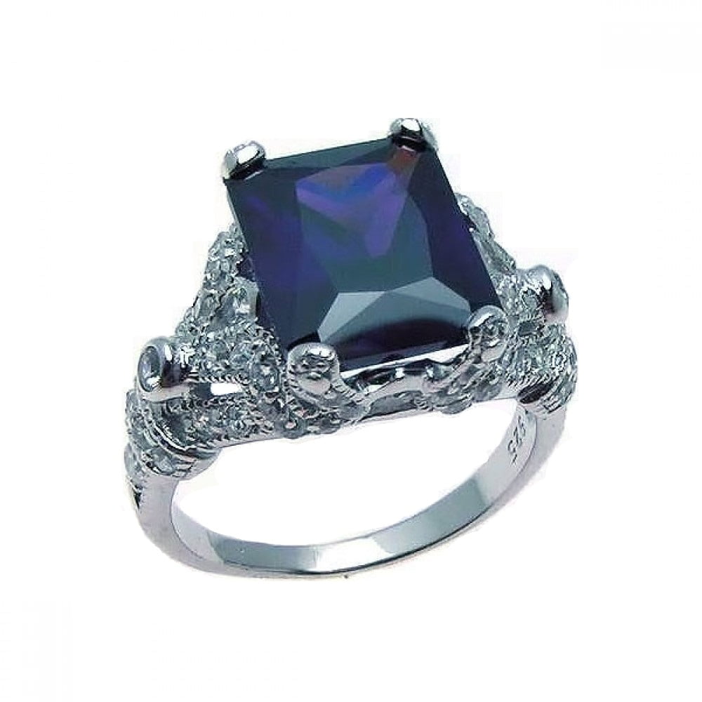 Simulated Sapphire Square Cubic Zirconia Antique Ring Rhodium Plated Sterling Silver
