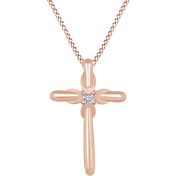 AFFY Round Shape White Natural Diamond Accents Cross Pendant Necklace In 14k Solid Rose Gold