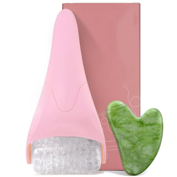 Ice Roller for Face and Gua Sha Facial Tool Set, Ice Face Roller Reduces Puffiness Relieves Migraines Skin Care Tools, Self Care Gift for Women - Pink