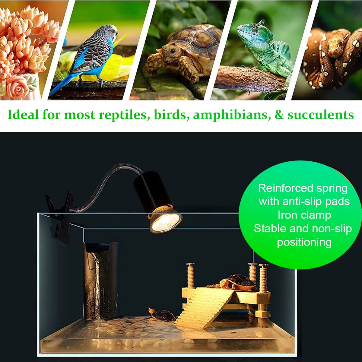 Reptile Heat Lamp with Dual UVA UVB, 360° Dimmable Heating Light for Turtle Tank, Bearded Dragon, Lizard, Snake and Other Reptiles,with 2 bulbs