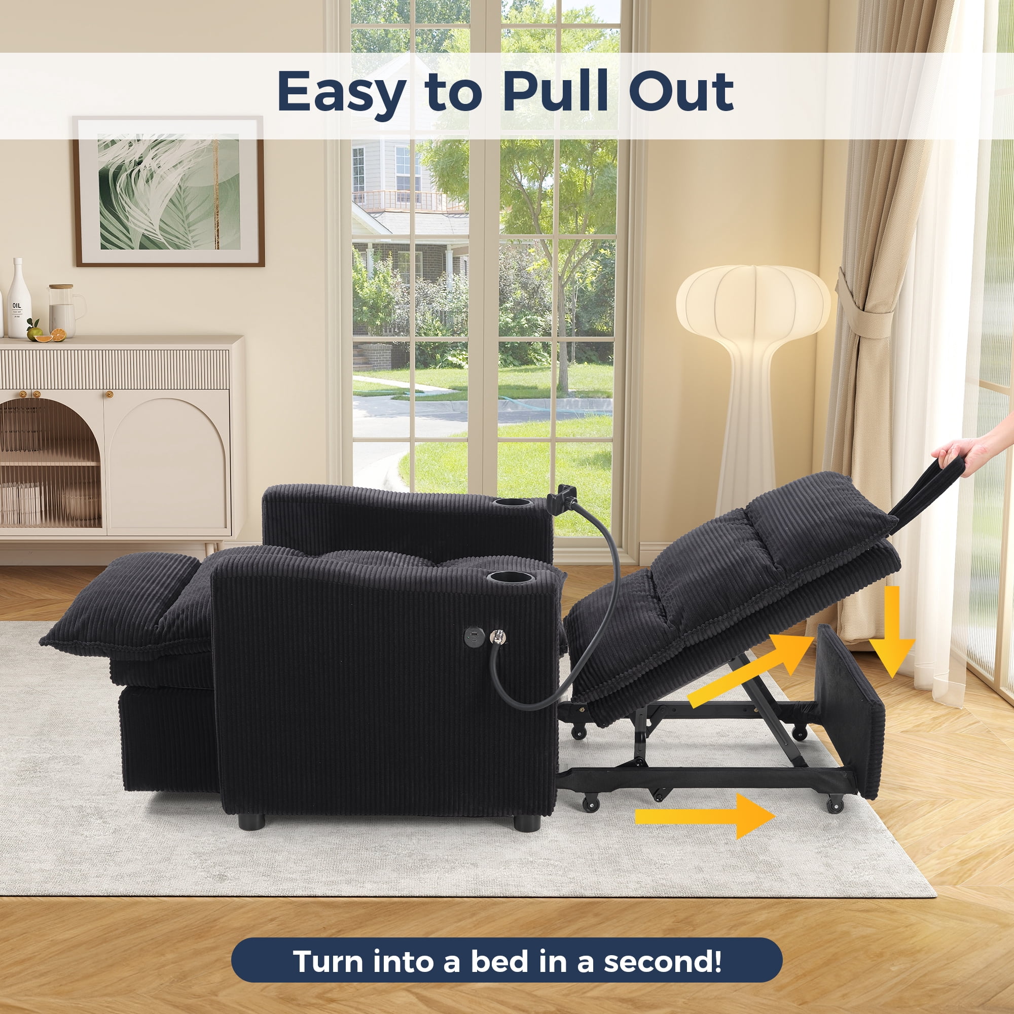 Ebello 3-in-1 Convertible Corduroy Sleeper Sofa Bed with Phone Holders & USB Ports, Pull Out Bed, Adjustable Backrest, Easy Assembly, 1-Seat(Black)