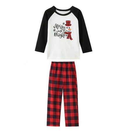 

Luethbiezx Family Matching Christmas Pajamas Baby Romper/Letter Snowman Print Long Sleeve Tops + Plaid Long Pants Loungewear Set