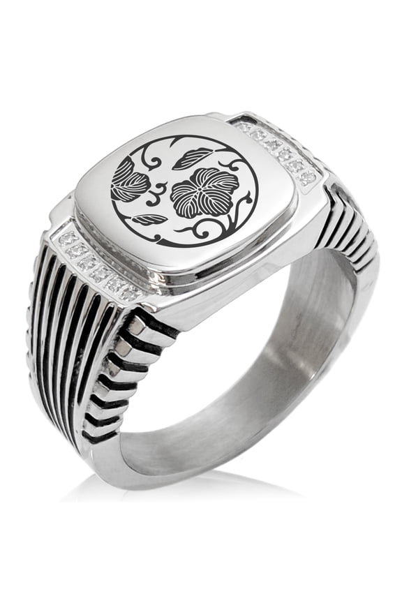 Stainless Steel Ivy Branch Kamon Crest CZ Ribbed Needle Stripe Pattern Biker Style Polished Ring