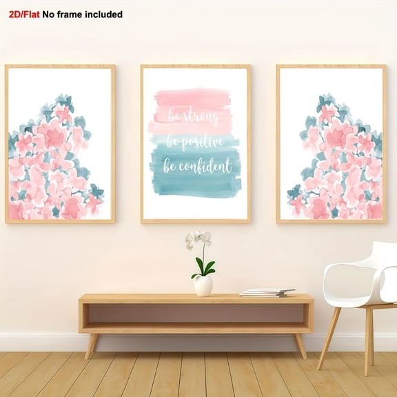 [2D Flat] 3pcs, Decorative Painting, 2D Flat Frameless Canvas Art, Blue-Green and Peach Wall Prints for Girls' Rooms, Inspirational Teen Bedroom Decor, Soft Kids Wall Art, Floral Wall Art, Suitable
