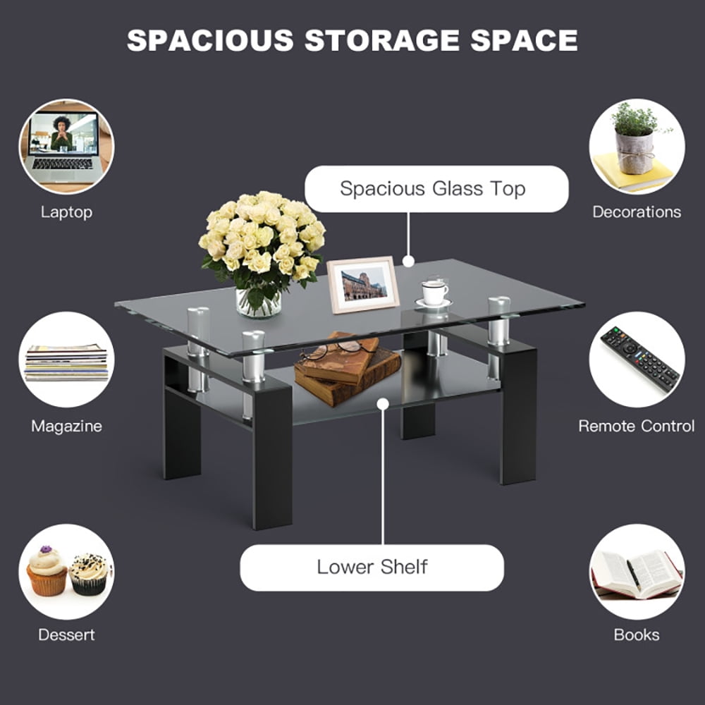 Finihen Glass Coffee Table, Rectangular Coffee Table, Rectangle Glass Coffee Table with Metal Legs, for Living Room, Reception Room, Black Finihen Glass Coffee Table, Rectangular Coffee Table, Rectangle Glass Coffee Table with Metal Legs, for Living Room, Reception Room, Black