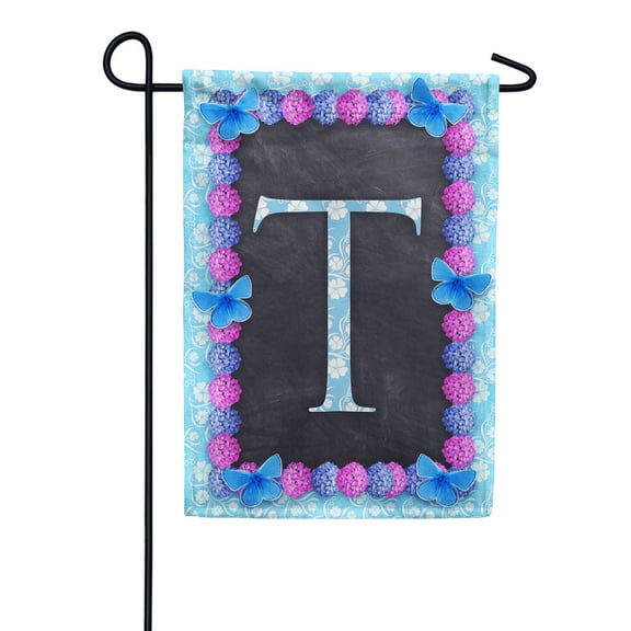 America Forever Spring Monogram Garden Flag Letter T 12.5 x 18 inches Double Sided Vertical Outdoor, Yard, Lawn, Decorative Seasonal, Hydrangeas, Blue Butterflies Bees Summer Floral Garden Flag