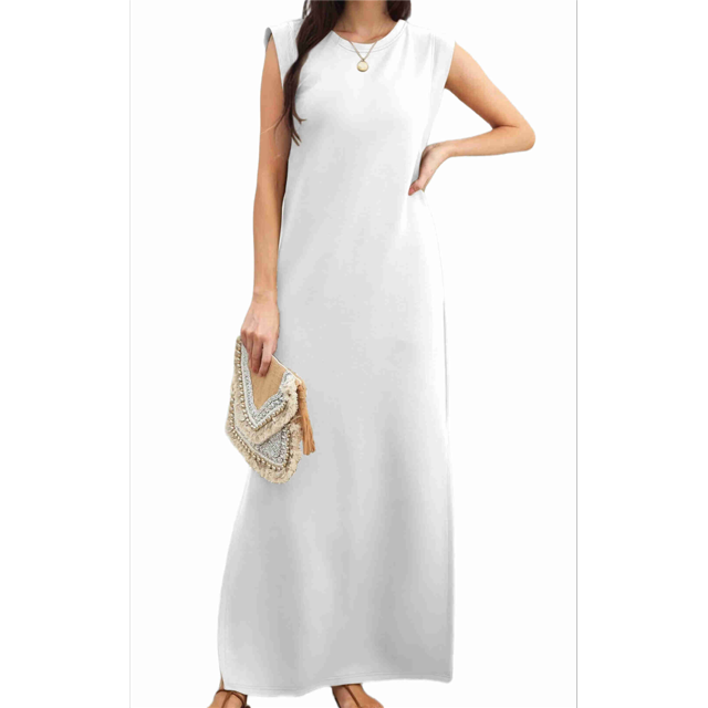 Vestido Maxi de Verano para Mujer, Informal, Holgado, con Abertura, Sin Arrugas, con Cuello Redondo y Bolsillos, Color , Talla S