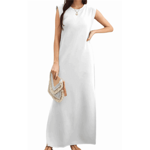 2025 Vestido Maxi de Verano para Mujer, Informal, Holgado, con Abertura, Sin Arrugas, con Cuello Redondo y Bolsillos, Color , Talla M