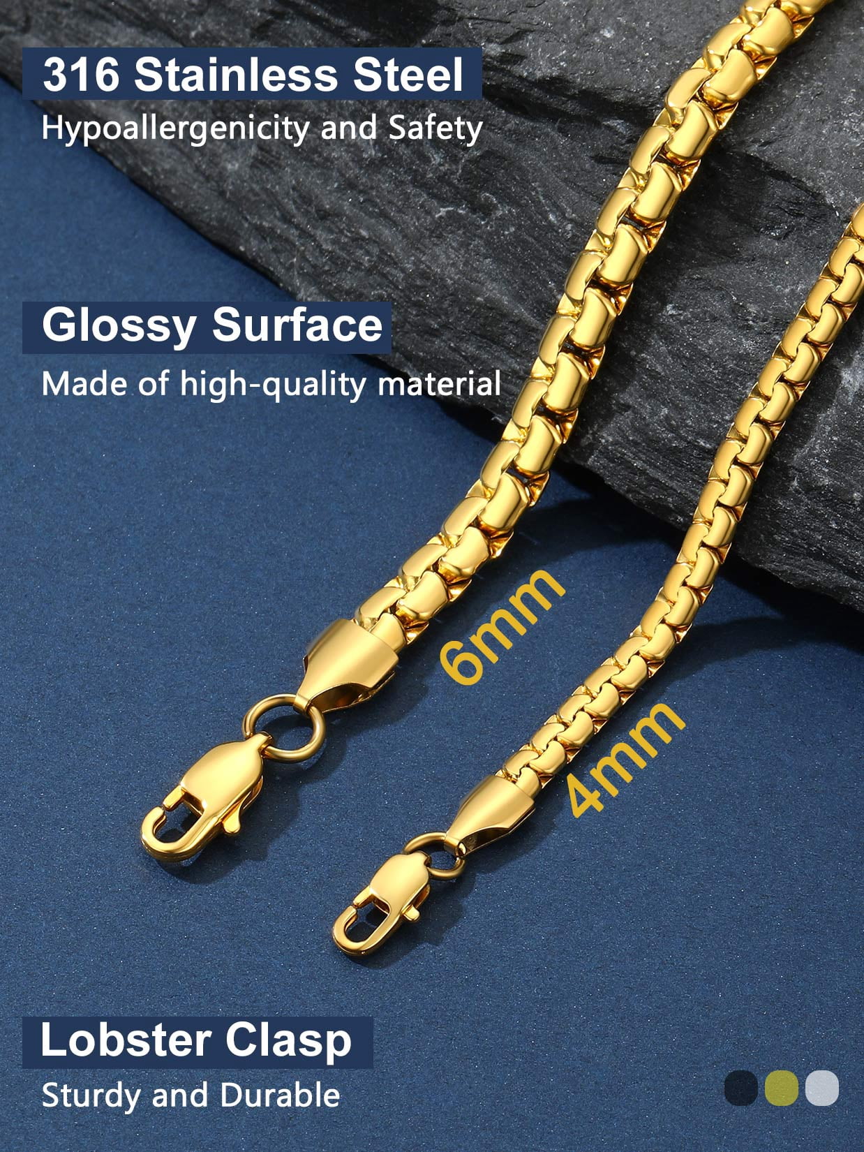 ChainsProMax Gold Plated Flat Box Chain for Men Necklace Stainless Steel 26inch 6mm Hip Hop Jewelry