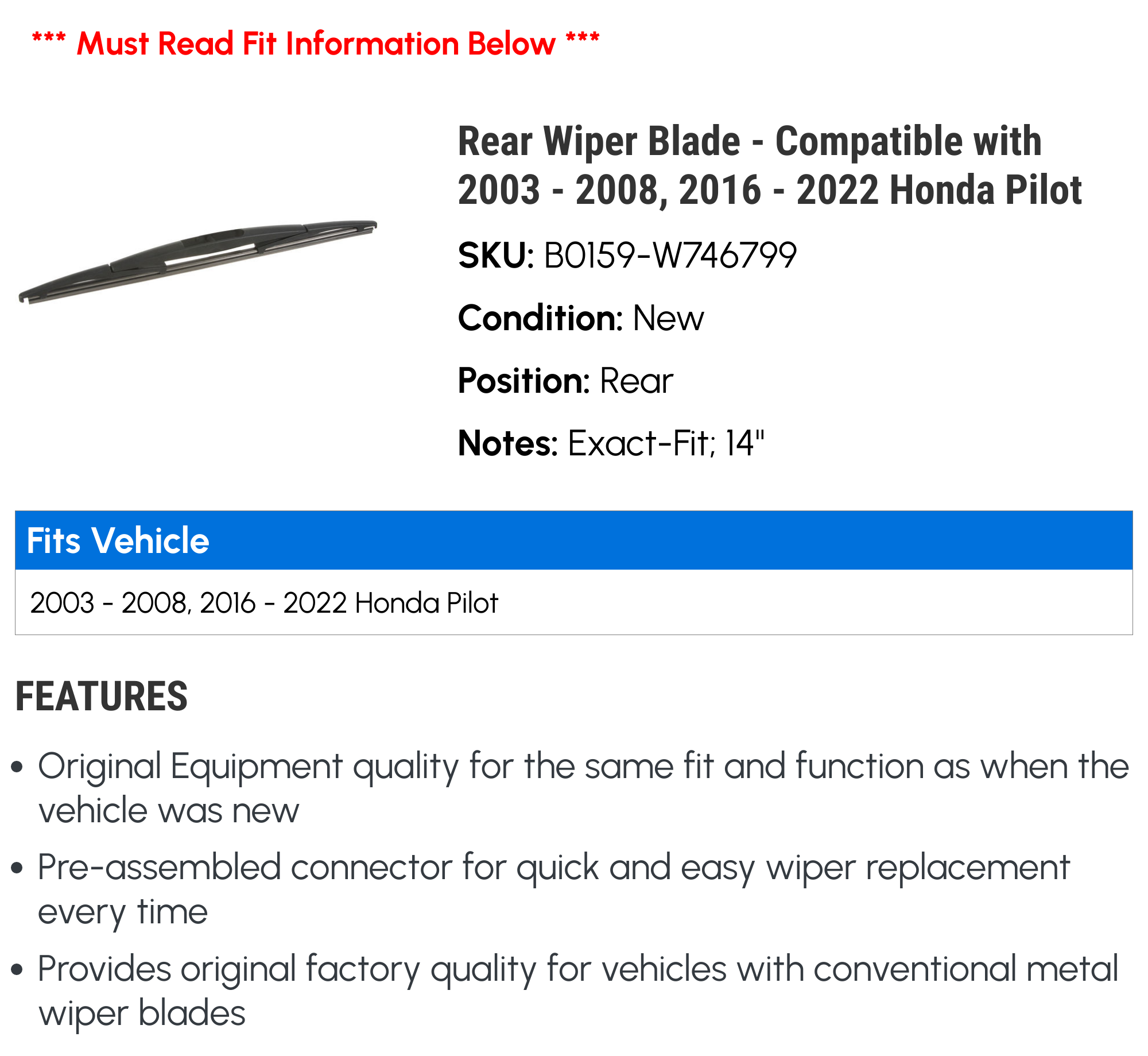 14-Inch Rear Windshield Wiper Blade For Honda Pilot 2016-2019 – OEM Quality Direct Replacement