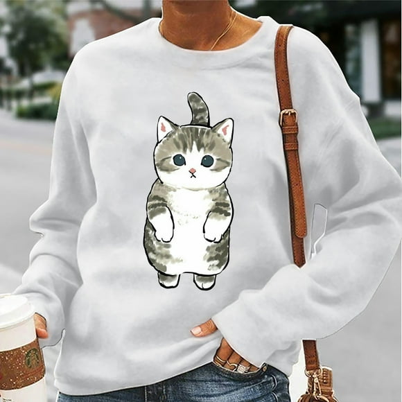 Fashion Women Casual O-Neck Animal Cat Printing Long-Sleeved Sweatshirt