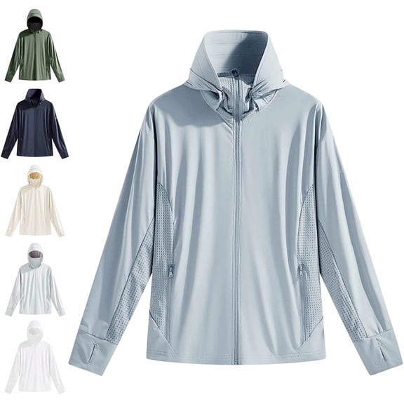 Zivyakyron Zip up Mens Rain Jacket Quick Dry Windbreaker Long Sleeve Lightweight Plain Loose Outdoor Hooded Jacket White 2XL