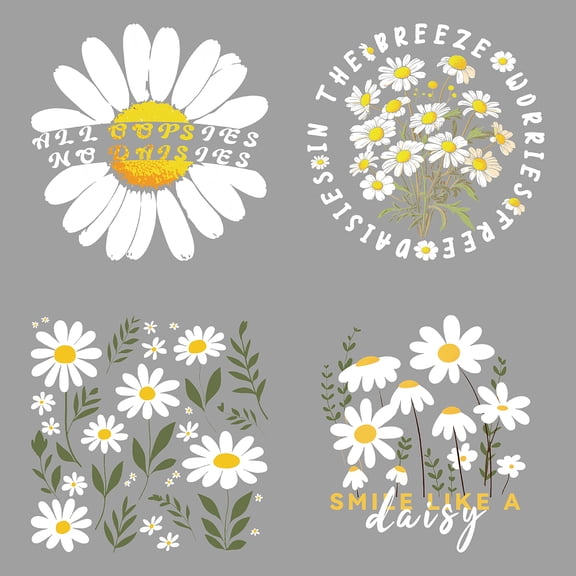 4PCS Daisy Iron on Transfer Paper Flowers DIY Colorful Heat Transfer Sticker Washable Iron-on Decals for T Shirts DTF Transfers Ready to Press