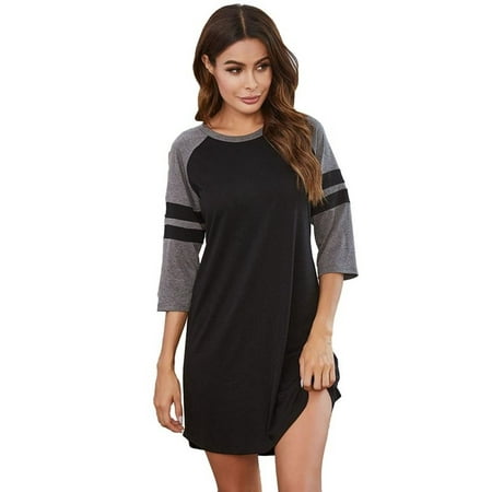 

Zupora Women s Pajama Dress Soft Comfy Cotton Round Neck Long Sleeve Color Block Dolphin Hem Loose Fit Sleepwear Nightgown Nightshirts Loungewear Mini Sleep Dress S-2XL