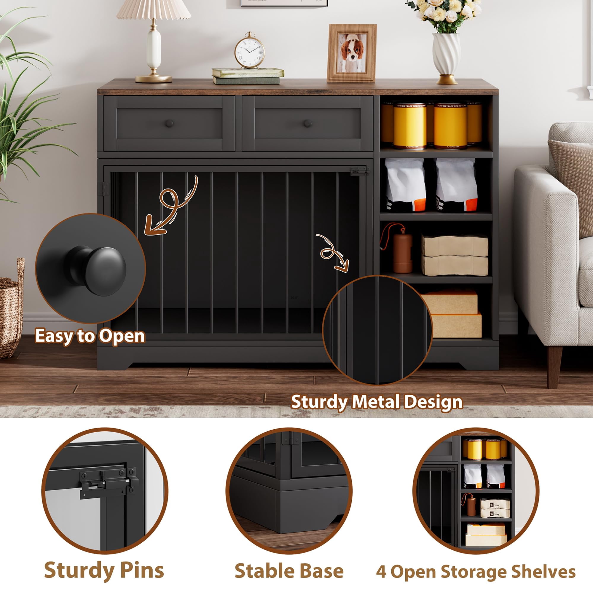 Litake Dog Crate Furniture 47”, Large Dog Crate TV Stand with 2 Drawers and 4 Shelves, Wooden Dog Kennel Indoor, Decorative Dog Cage with Storage for Large Dogs, Black