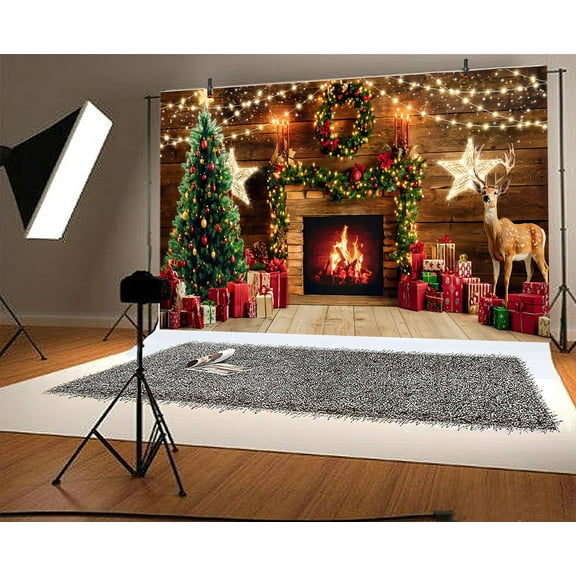 4 x 4 ft Christmas Fireplace Backdrop Rustic Wooden Xmas Tree Glitter Vintage Rustic Stockings Elk Photography Background Portrait Winter Happy New Year Party Banner Decor Photo Studio Props