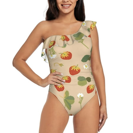 Gukieu Floral Strawberr Print One-shoulder Ruffled One-piece Swimsuit with Removable Chest Pads and Tummy-control Swimsuit for Women-Large