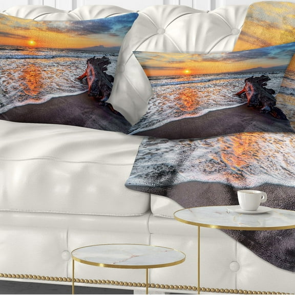 Designart Fantastic Sandy Shore at Sunset - Seashore Throw Pillow - 12x20