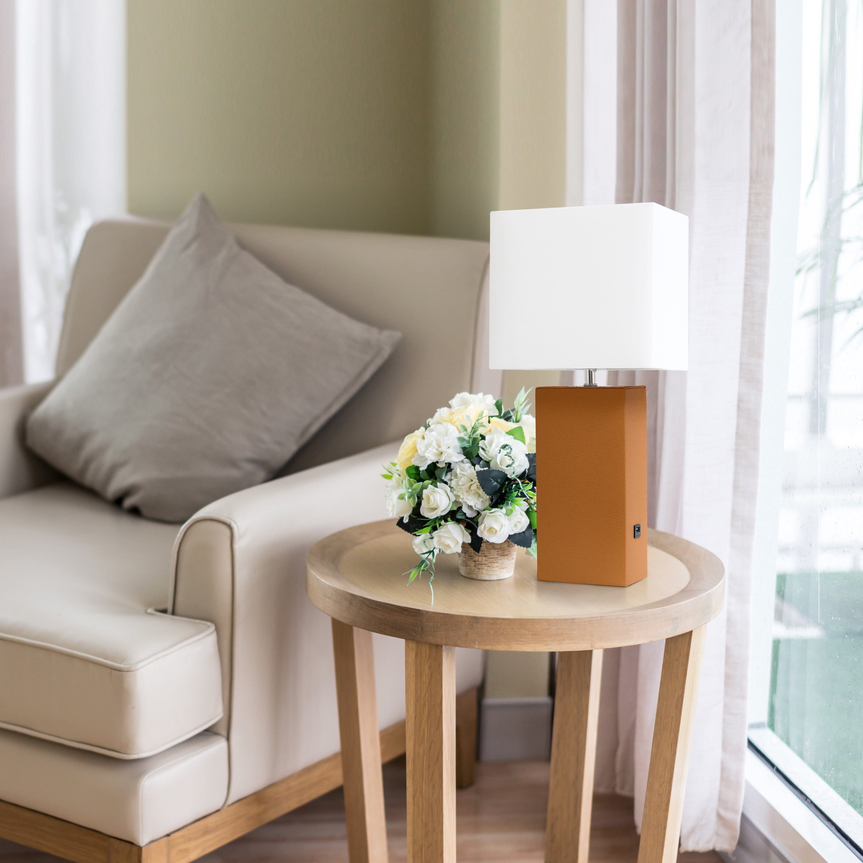 Lalia Home 21" Leather Modern Bedside Table Lamp with USB Port and LED Bulb, Tan