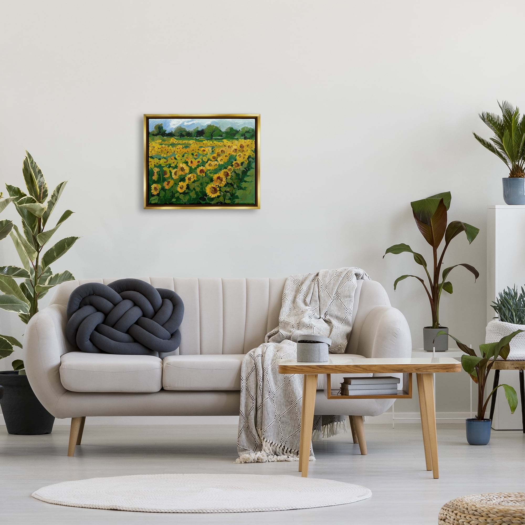 Stupell Industries Sunflower Farm Painting Botanical & Floral Painting Gold Floater Framed Canvas Art Print Wall Art, 21 x 17
