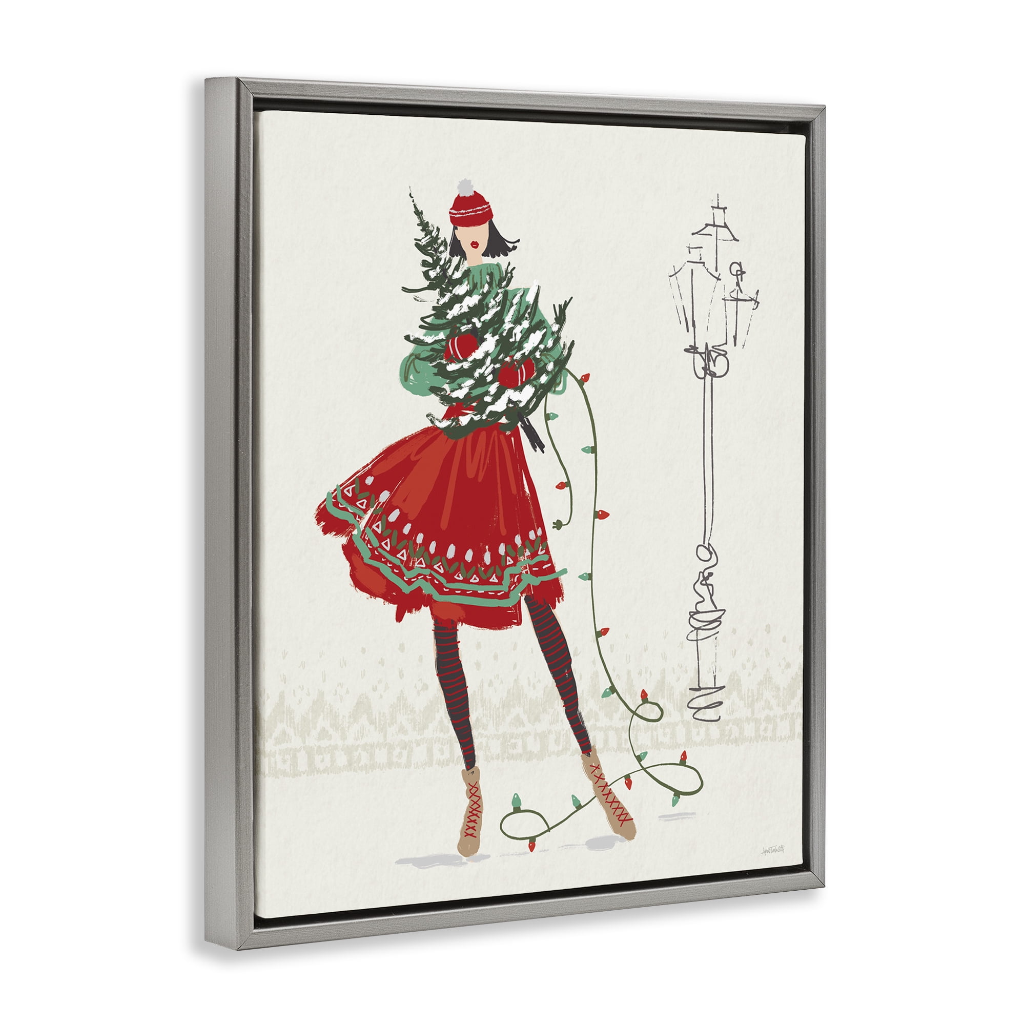 Stupell Industries Festive Fashion Girl Holiday Painting Gray Floater Framed Canvas Art Prints Wall Art, 25 x 31
