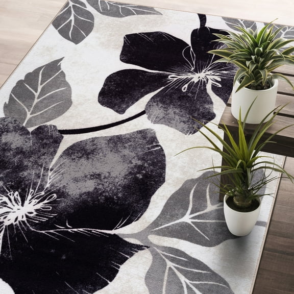 CAMILSON Solana Non Slip Modern Floral Indoor Area Rug Black/Grey 5x7