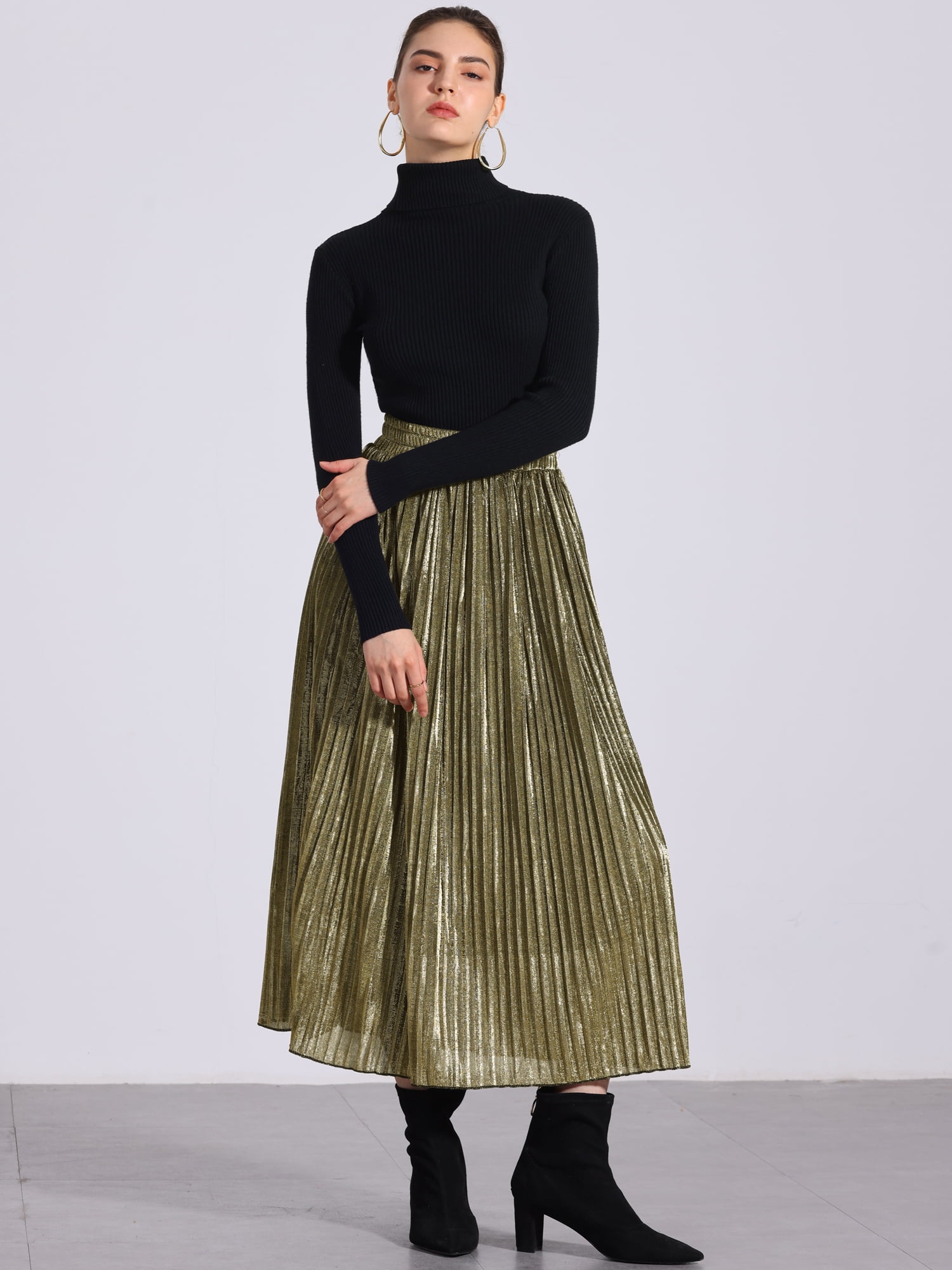 Unique Bargains Women Metallic Glitter High Waist Flared Plaeted Midi Skirt S Gold