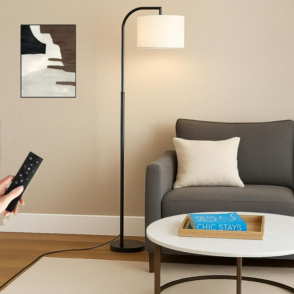 Arc Floor Lamp with Remote and Stepless Dimmable Bulb, Colors Temperature & Brightness Adjustable, Floor Lamps for Living Room（Deep Beige Shade & Black Pole）