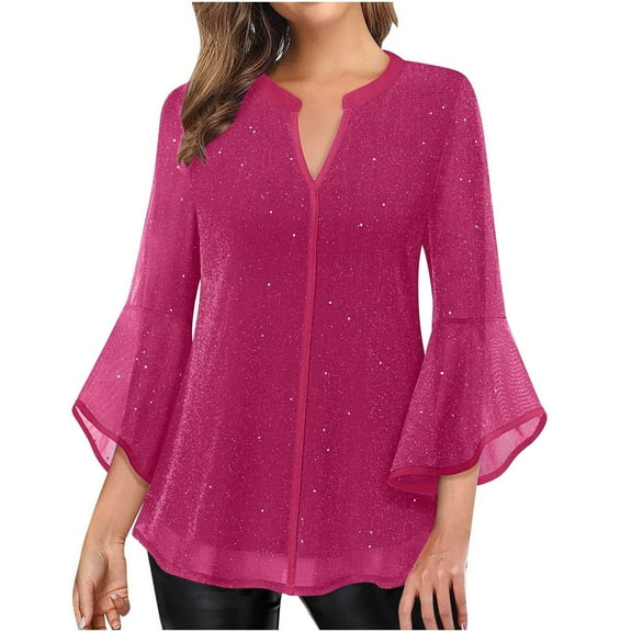 CYMMPU Shirts Solid Color Sparkly Ruffle 3/4 Length Sleeve Elegant Loose Fit Holiday Tops V-Neck Business Work Blouses Summer Fall Vintage Fashion Mesh Layered Tunic Tops for Women Hot Pink L