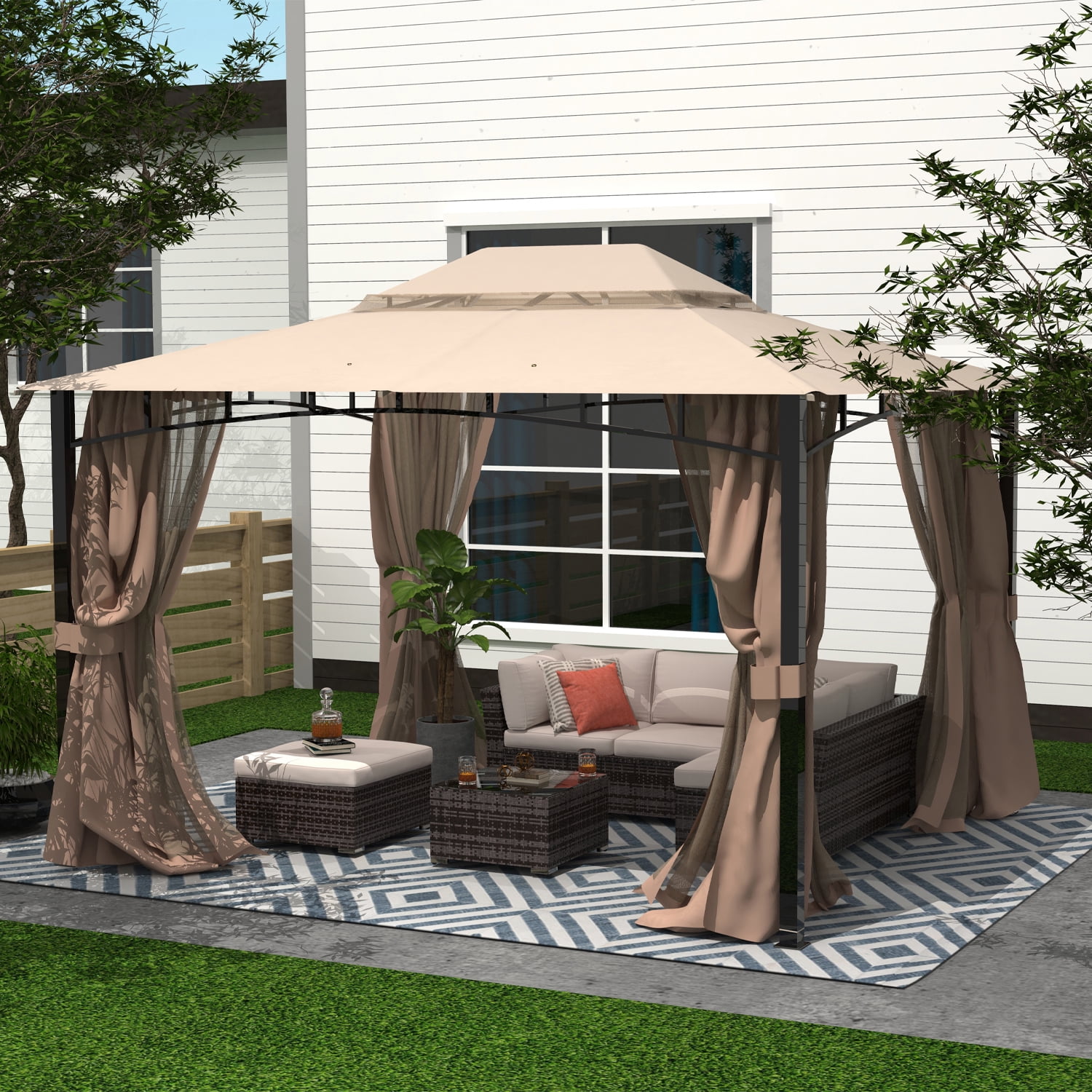 Abccanopy 10x12 Patio Gazebos For Patios Double Roof Soft Canopy Garden Gazebo With Mosquito Netting Shade And Rain Khaki Com - Abccanopy 10 X 12 Patio Gazebo Canopy
