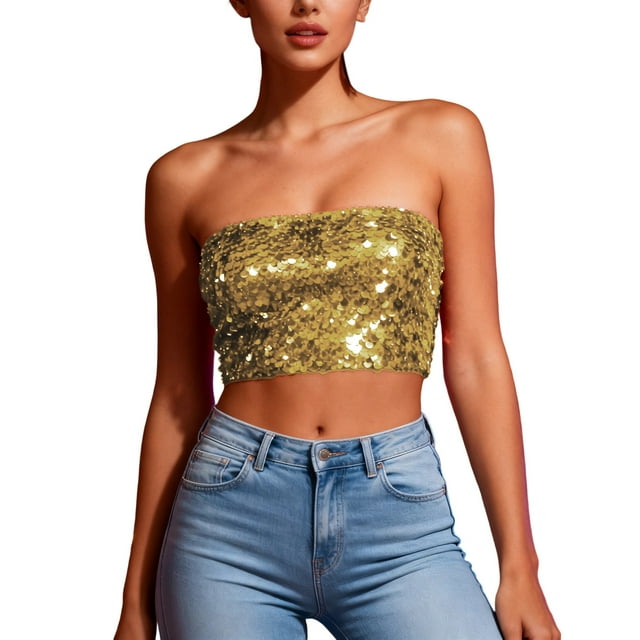 Womens Tube Tops,Casual Strapless Basic Backless Sleeveless Bandeau Going Out Crop Sequins,Womens Tops