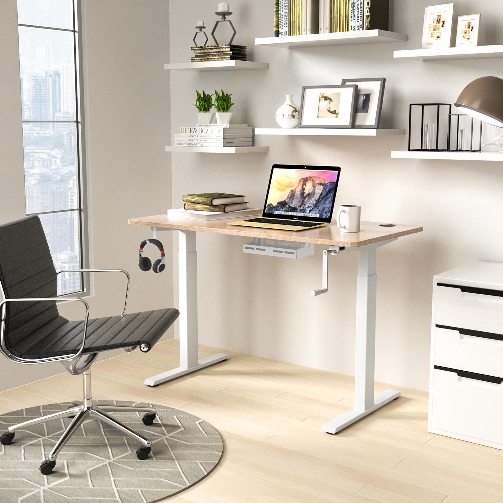 Giantex Crank Height Adjustable Standing Desk Frame, Manual Hand Crank Workstation Base, Ergonomic Sit to Stand Base w/ Foldable Crank Handle, Hook, Cable Management Rack, White